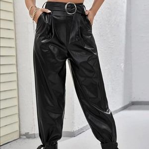 Faux leather pants w ankle tie detail and belt